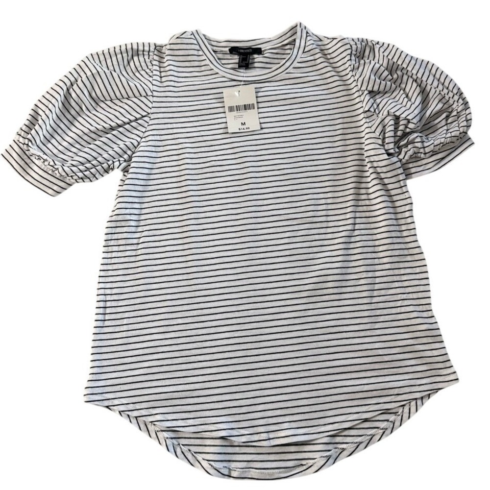Forever 21 Womens Striped Puff Sleeve Knit Top White Black Crew‎ Neck Medium NWT
